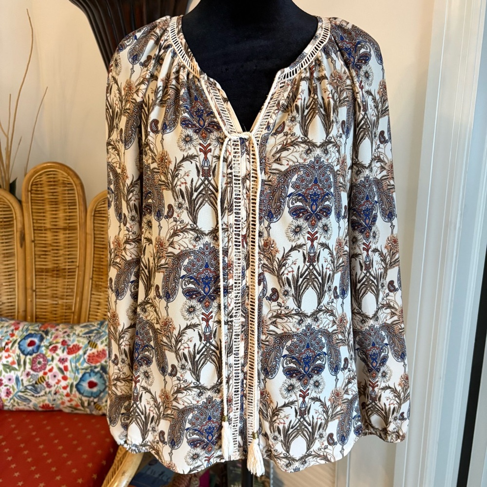 ANTHROPOLOGIE MEADOW RUE Long Sleeve Brown Lightweight Print TOP! Like new
